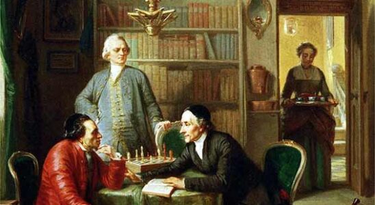 Illustration: Lessing et Johann Caspar Lavater invités chez Moses Mendelssohn - tableau de Moritz Daniel Oppenheim, 1856